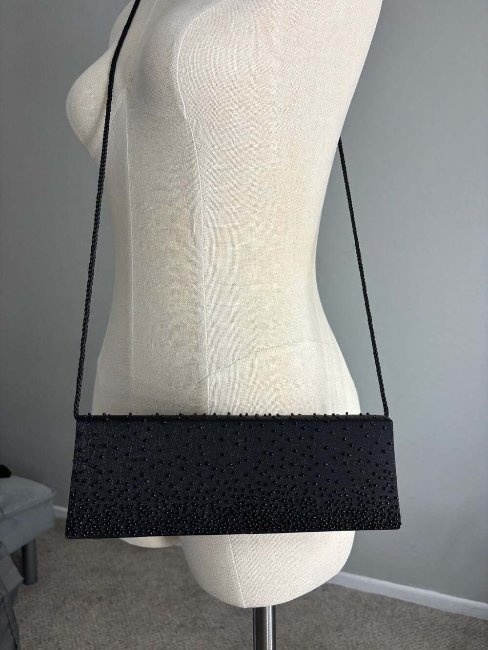 NiteBags Vintage Black Beaded Evening Clutch with Rope Shoulder Strap